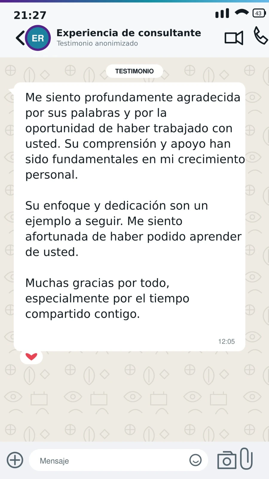 Captura original del testimonio: Consultante en Terapia Individual
